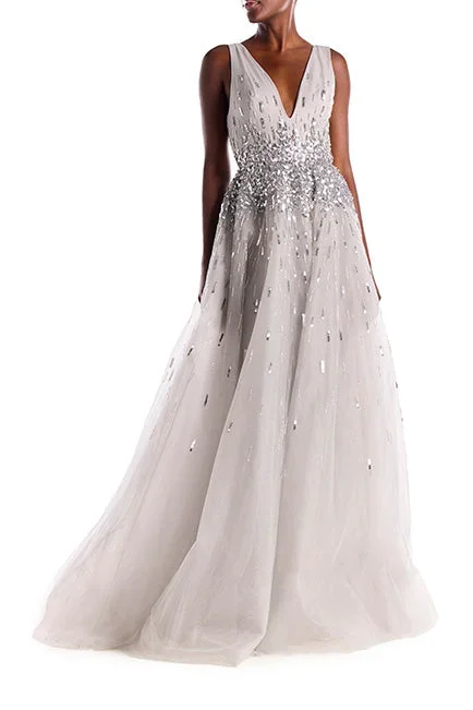 embroidered-v-neck-metallic-tulle-gown