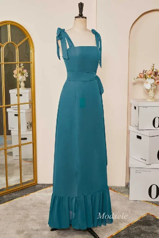 emerald-tie-strap-ruffle-long-bridesmaid-dress