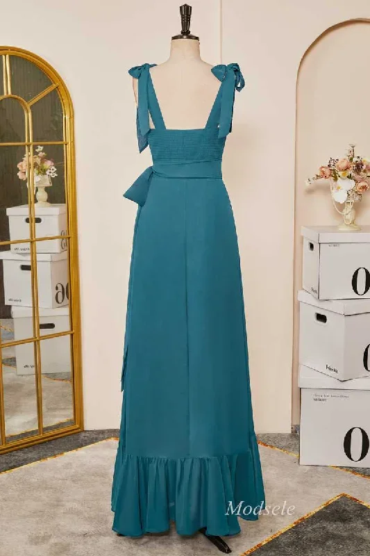 emerald-tie-strap-ruffle-long-bridesmaid-dress