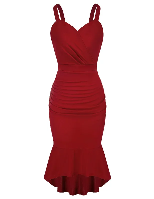 fans-look-of-high-lo-mermaid-hem-dress-surplice-v-neck-ruched-bodycon-dress