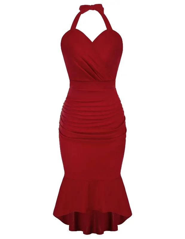 fans-look-of-high-lo-mermaid-hem-dress-surplice-v-neck-ruched-bodycon-dress