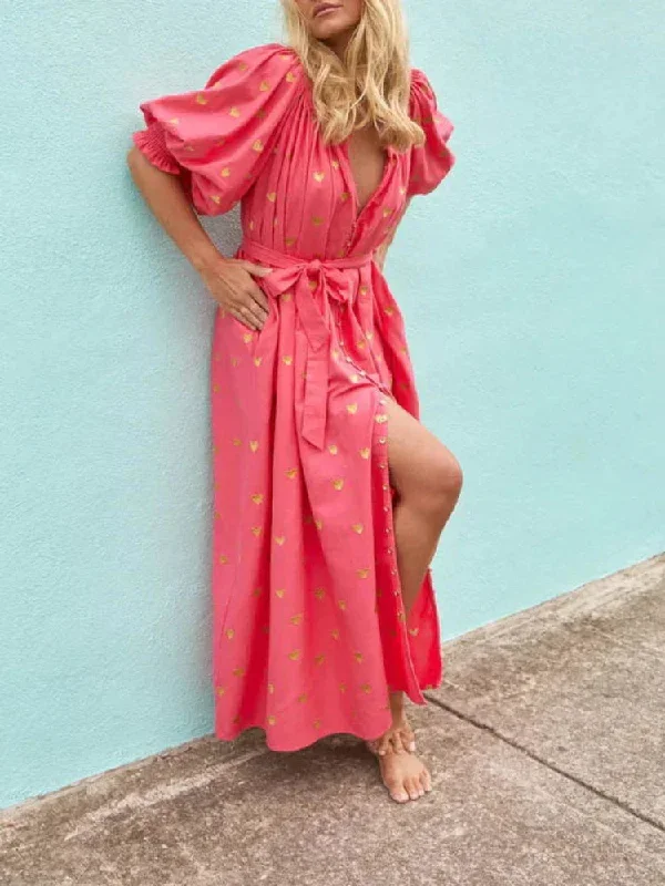 Fashion Vintage Long 2024 New Holiday Summer Plus Size Loose Printed Short Sleeve Beach Maxi Dress