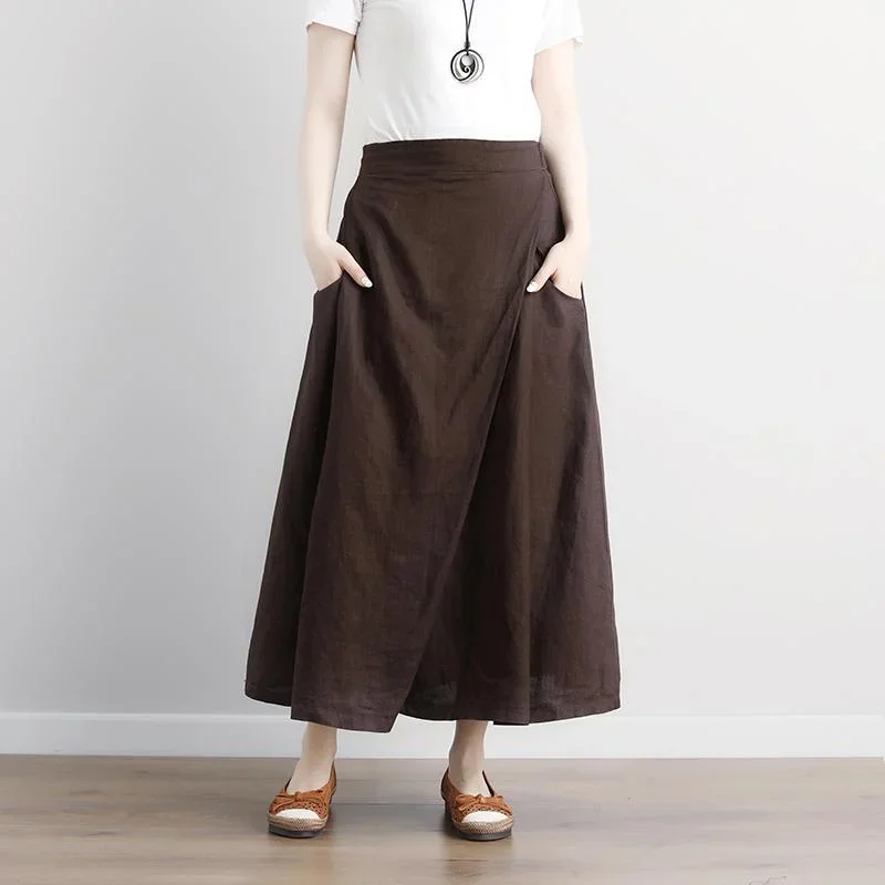 Fine linen skirt plus size Casual Summer Brown Pockets Pleated Skirts