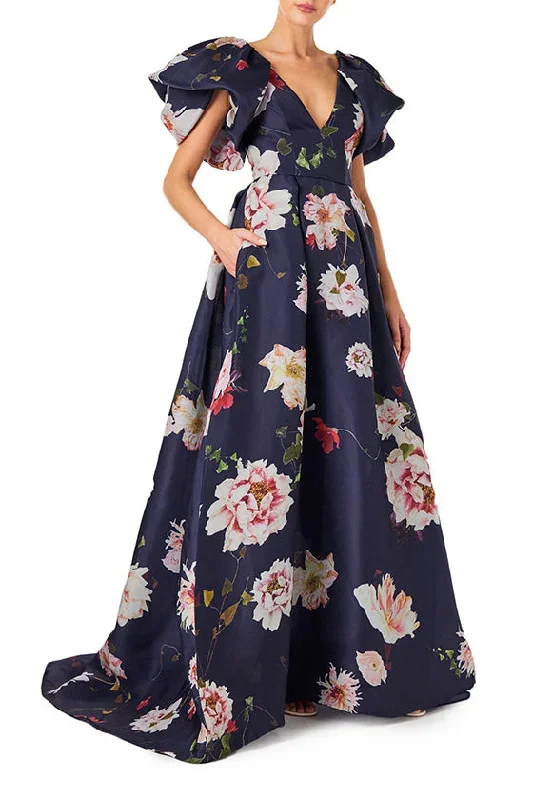 floral-flutter-sleeve-gown-navy