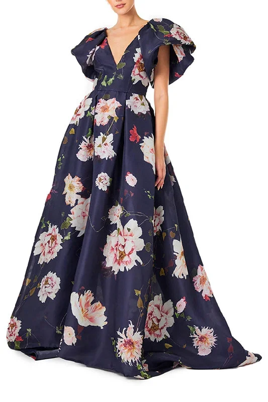 floral-flutter-sleeve-gown-navy