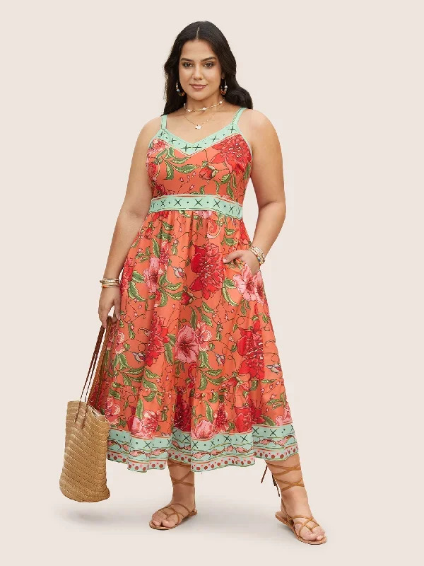 Floral Print Elastic Waist Shirred Cami Dress