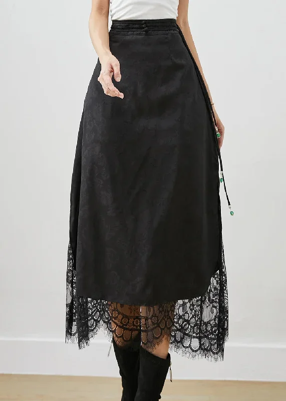 french-black-tasseled-patchwork-lace-silk-skirt-fall