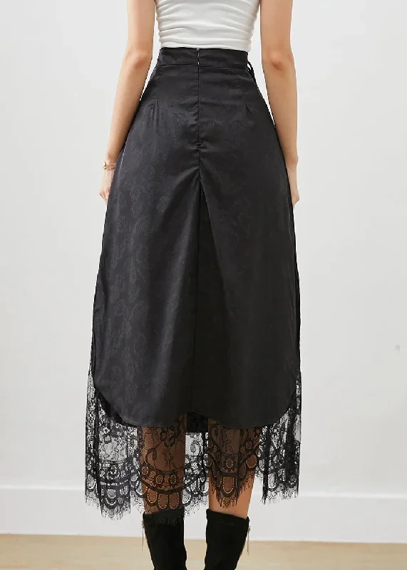 french-black-tasseled-patchwork-lace-silk-skirt-fall