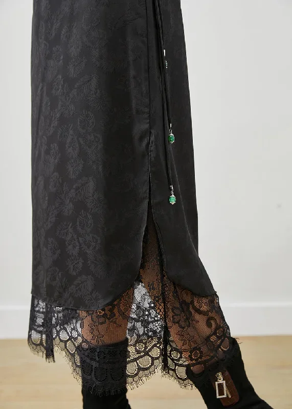 french-black-tasseled-patchwork-lace-silk-skirt-fall