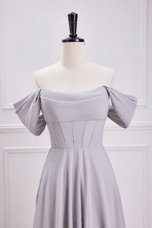 grey-off-the-shoulder-chiffon-a-line-bridesmaid-dress