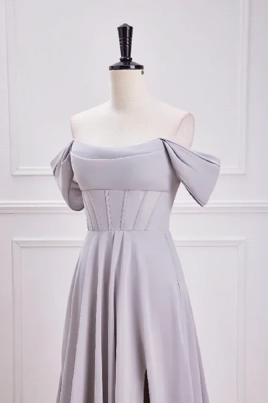 grey-off-the-shoulder-chiffon-a-line-bridesmaid-dress