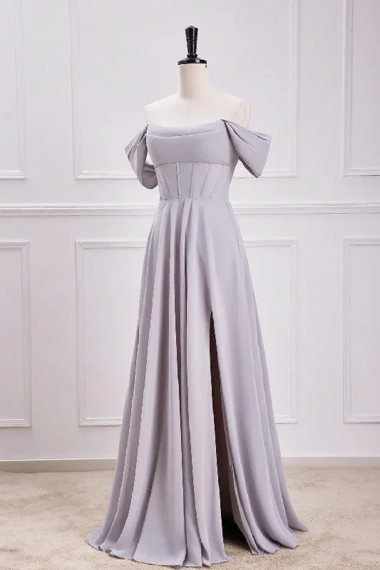 grey-off-the-shoulder-chiffon-a-line-bridesmaid-dress