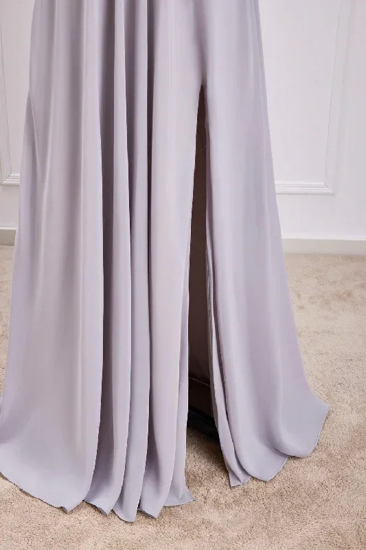 grey-off-the-shoulder-chiffon-a-line-bridesmaid-dress