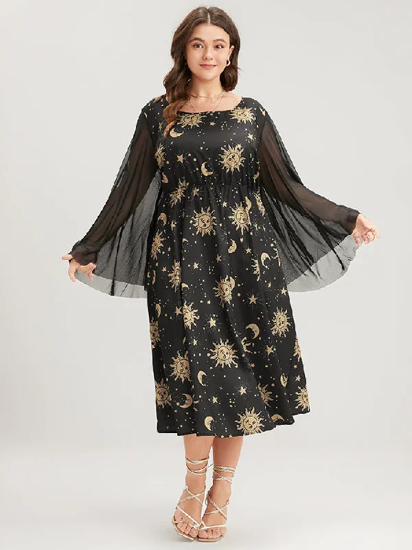 Halloween Moon And Star Bell Sleeve Pocket Crew Neck Midi Dress