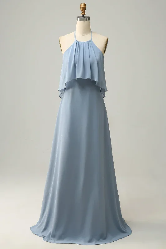 Halter Dusty Blue Bohemian Chiffon Bridesmaid Dress