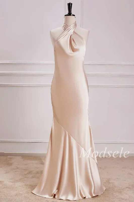 Halter Mermaid Maxi Dress in Champagne