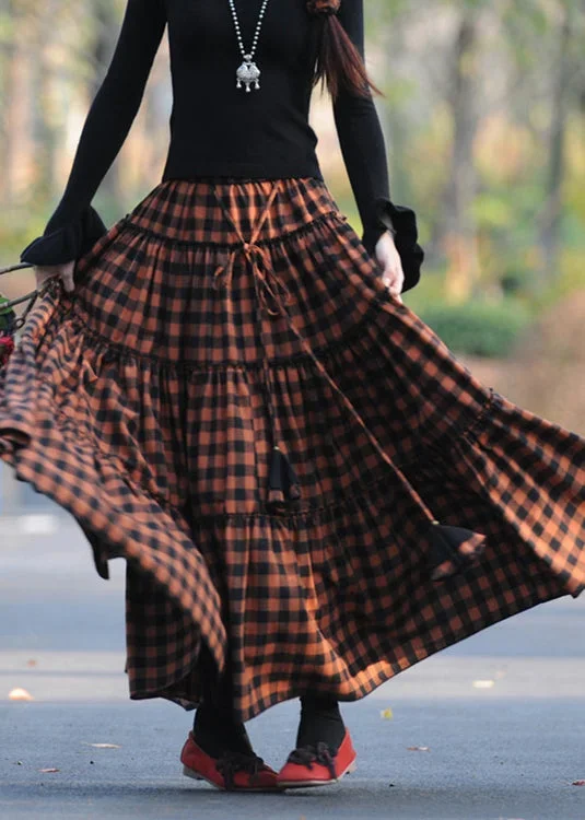 handmade-orange-plaid-wrinkled-patchwork-cotton-skirt-spring