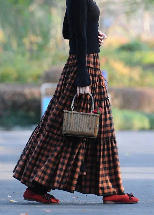 handmade-orange-plaid-wrinkled-patchwork-cotton-skirt-spring