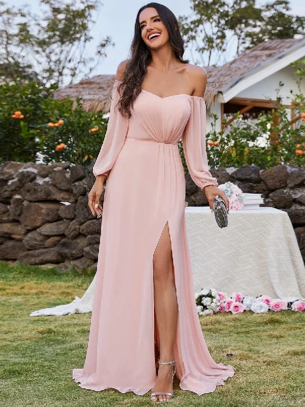 high-slit-waist-pleated-off-shoulder-chiffon-bridesmaid-dress-with-long-sleeves-ess0002