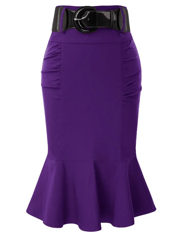 High Waisted Peplum Midi Pencil Skirt Work Business Skirts with Belt