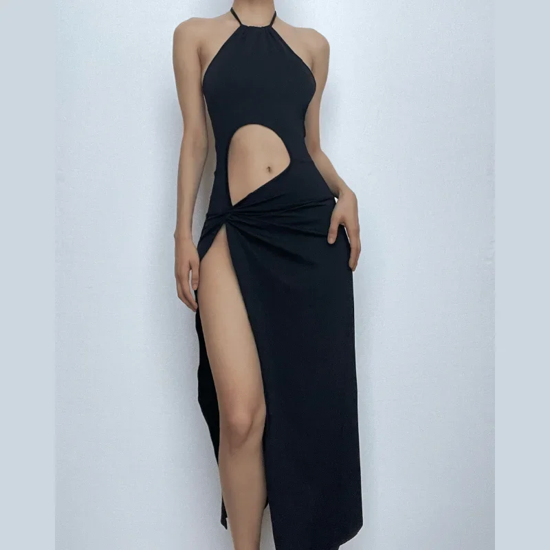 BerryBetty - Hollow out solid halter backless slit ruched midi dress