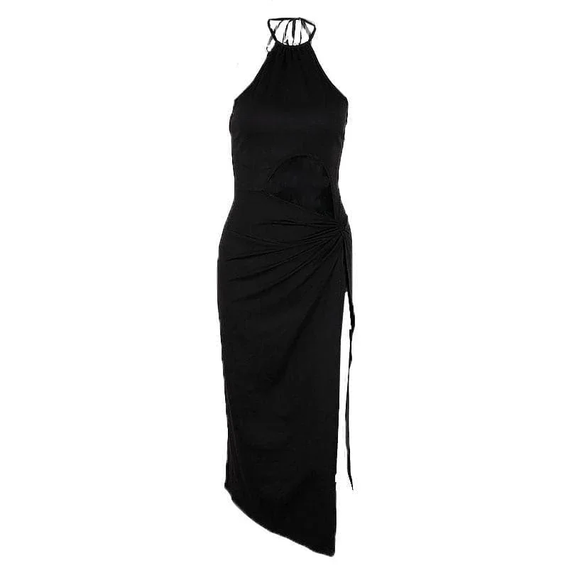 hollow-out-solid-halter-slit-ruched-midi-dress