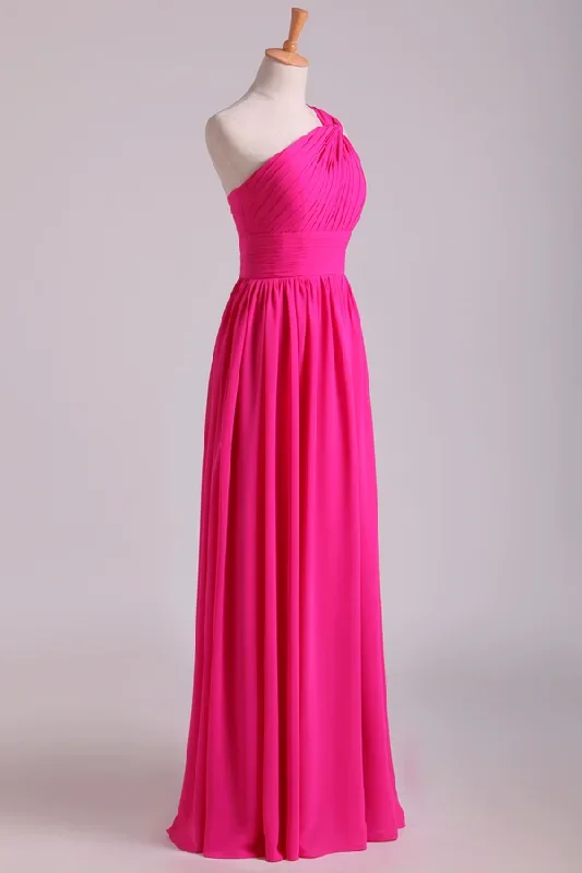 hot-pink-one-shoulder-pleated-bridesmaid-dress