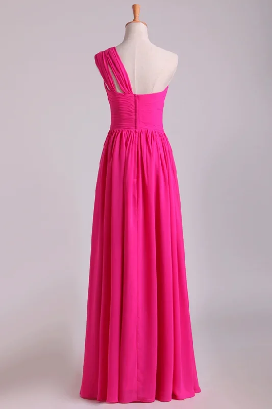 hot-pink-one-shoulder-pleated-bridesmaid-dress