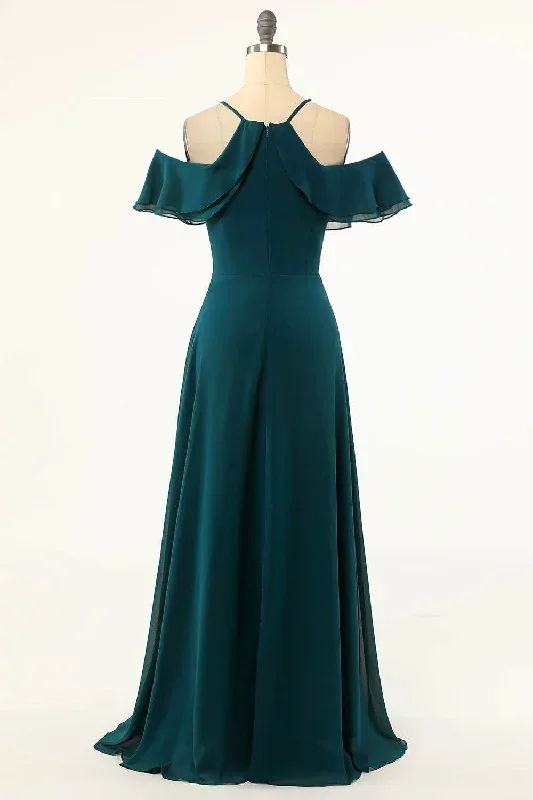 hunter-green-cold-shoulder-ruffled-bridesmaid-dress