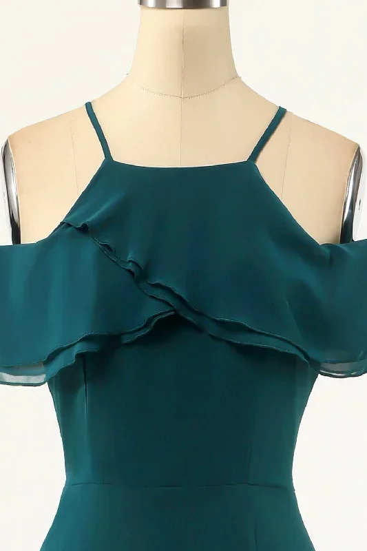 hunter-green-cold-shoulder-ruffled-bridesmaid-dress