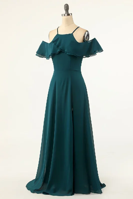 hunter-green-cold-shoulder-ruffled-bridesmaid-dress