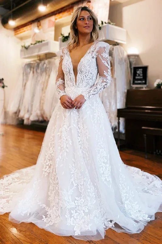 Ivory Appliques Plunge V A-Line Long Wedding Dress with Long Sleeves