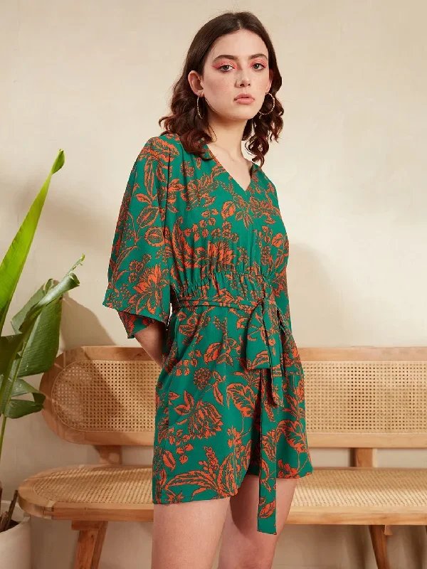 jp5276gr-berrylush-women-green-orange-floral-printed-v-neck-batwing-sleeve-tie-up-waist-pleated-mini-jumpsuit