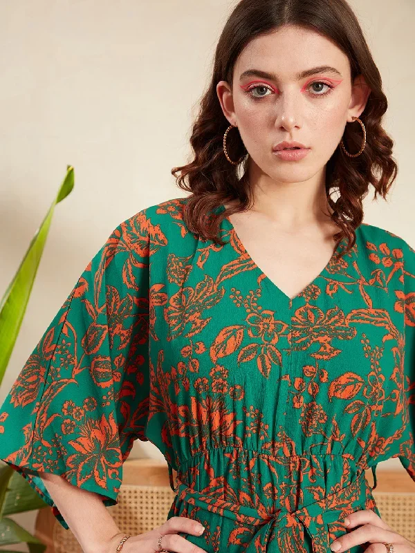 jp5276gr-berrylush-women-green-orange-floral-printed-v-neck-batwing-sleeve-tie-up-waist-pleated-mini-jumpsuit