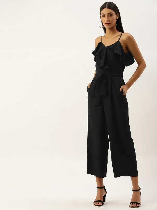 Berrylush Women Solid Black Sleeveless Ruffled Jumpsuit