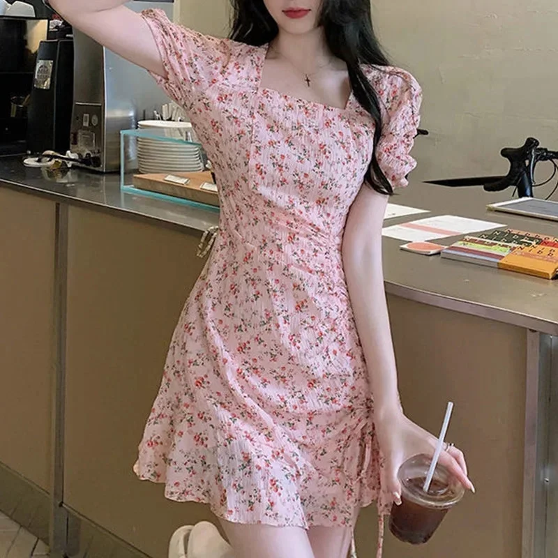 Julia Fashion - Slim Waist Flower Print Retro Mini Dress