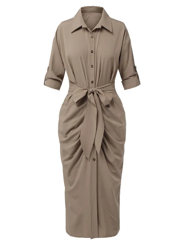 khaki-1960s-solid-fold-pleated-lapel-dress