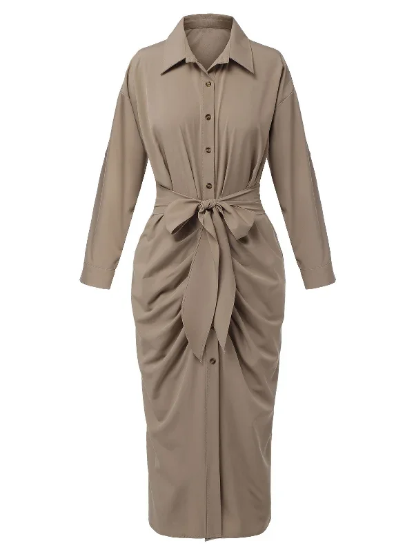 khaki-1960s-solid-fold-pleated-lapel-dress