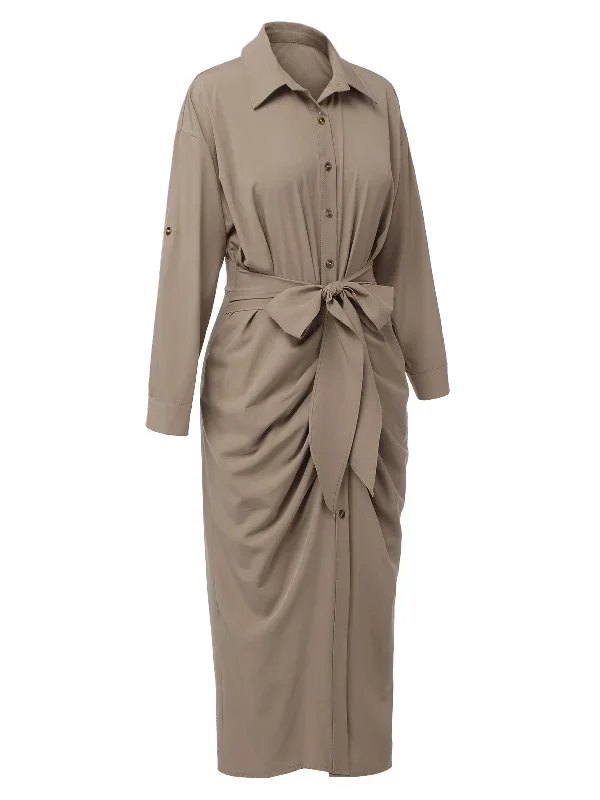 khaki-1960s-solid-fold-pleated-lapel-dress