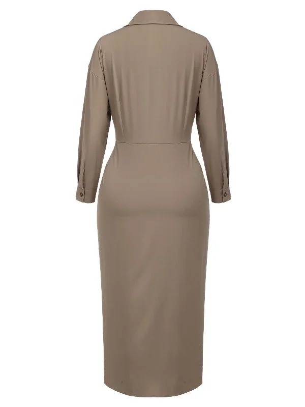 khaki-1960s-solid-fold-pleated-lapel-dress