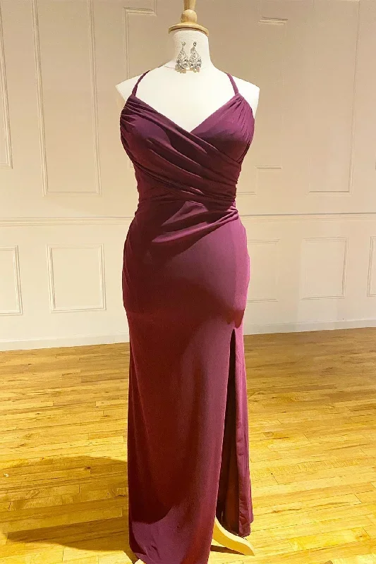 Lace-Up Burgundy Pleated Chiffon Bridesmaid Dress