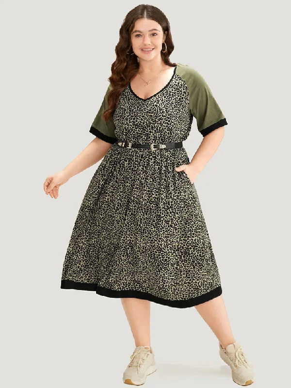 Leopard Print Pocket Patchwork Gathered Contrast Trim Dress