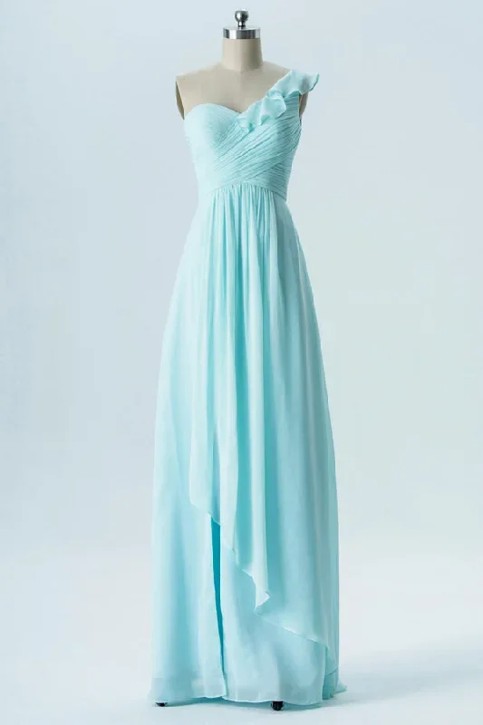 Light Blue One-Shoulder Ruffled Bridesmaid Dress