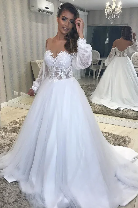 Long A-line Off-the-Shoulder White Wedding Dress with Lace