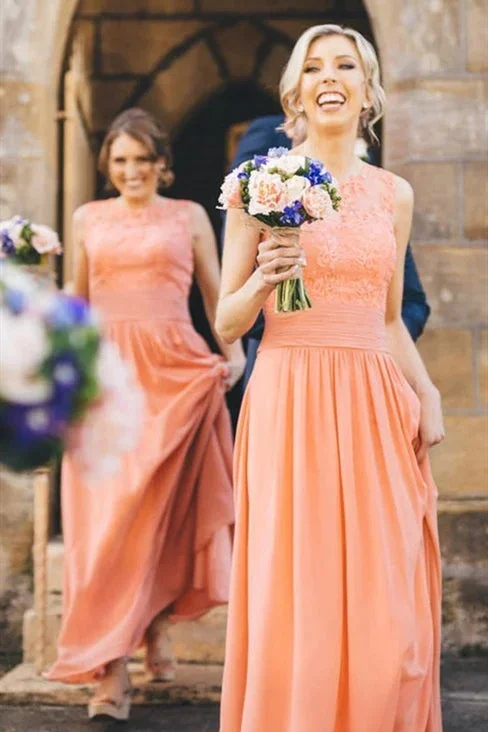 long-a-line-peach-bridesmaid-dress-with-lace-appliques