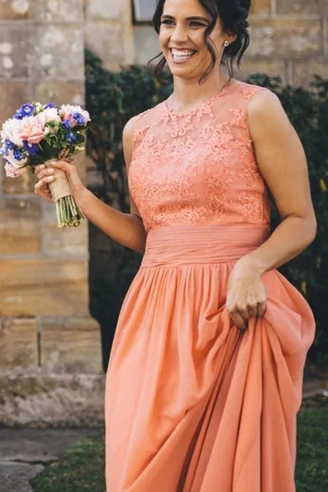 long-a-line-peach-bridesmaid-dress-with-lace-appliques