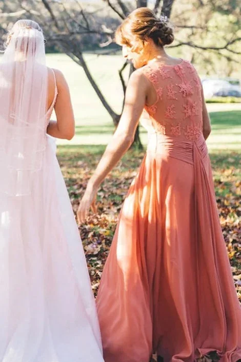 long-a-line-peach-bridesmaid-dress-with-lace-appliques