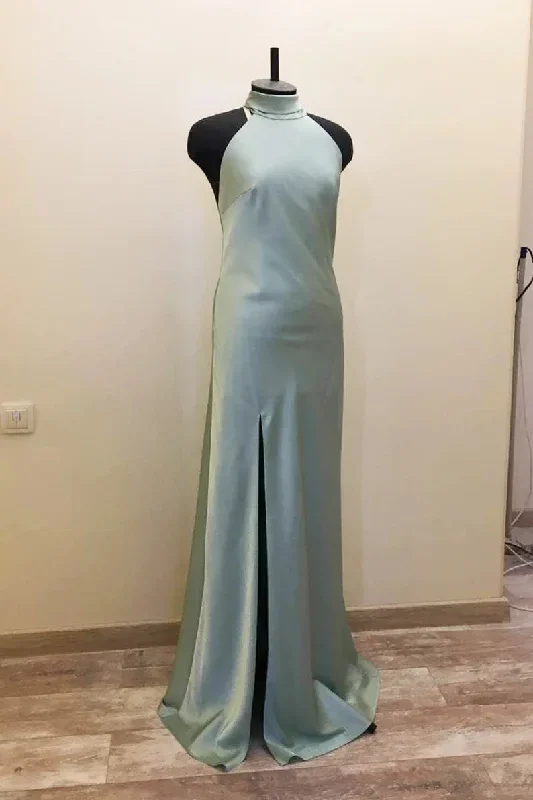 Long Satin Draped Sage Green Halter Bridesmaid Dress