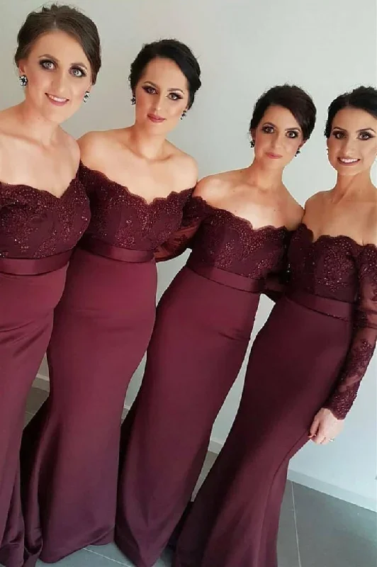 Long Sleeves Off-the-Shoulder Mermaid Burgundy Bridesmaid Dress