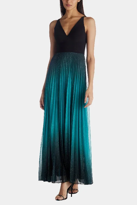 Long V-Neck Pleated Glitter Ombre Dress